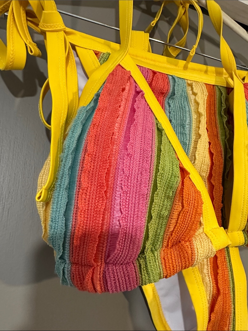 Rainbow Textured Two Piece Bikini Set Size 2XL Yellow Tie Side Swimwear Summer - Picture 2 of 9